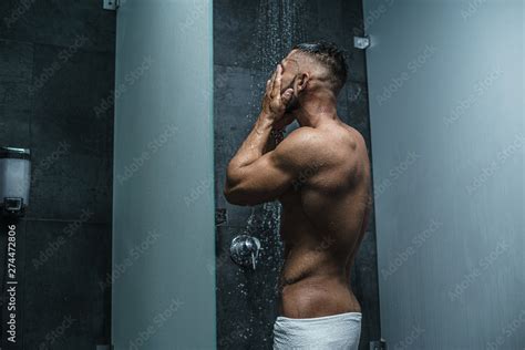 Sexy Muscular Man With Naked Torso In Shower Bodybuilder Mature Content Stock Photo Adobe Stock