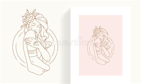 Elegant Female Beauty Rose Flower Portrait Posing With Naked Body Minimalist Linear Logo Vector