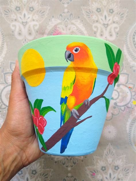 Vaso de cerâmica pintado a mão Jandáia verdadeira Pássaros Aves