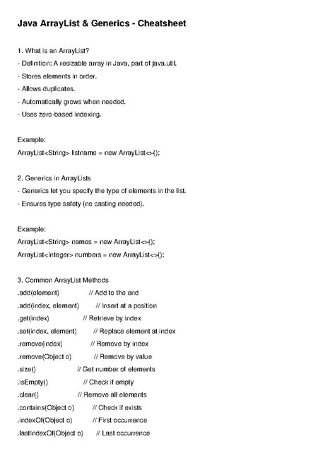 java arraylist generics cheatsheet key concepts methods studocu
