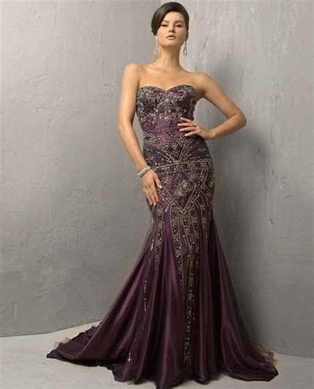 Vintage Mermaid Strapless Long Purple Silk Beading Evening Dress