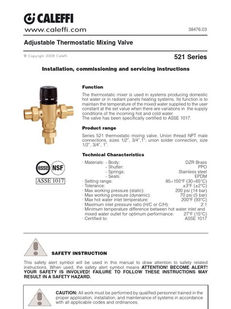 Caleffi 3 Way Mixing Valves 521 Installation Manual Pdf Water