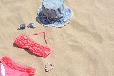 Jeans Hat Sunglasses And Bikini On Sand Space For Text Beach Accessories Stock Image Image