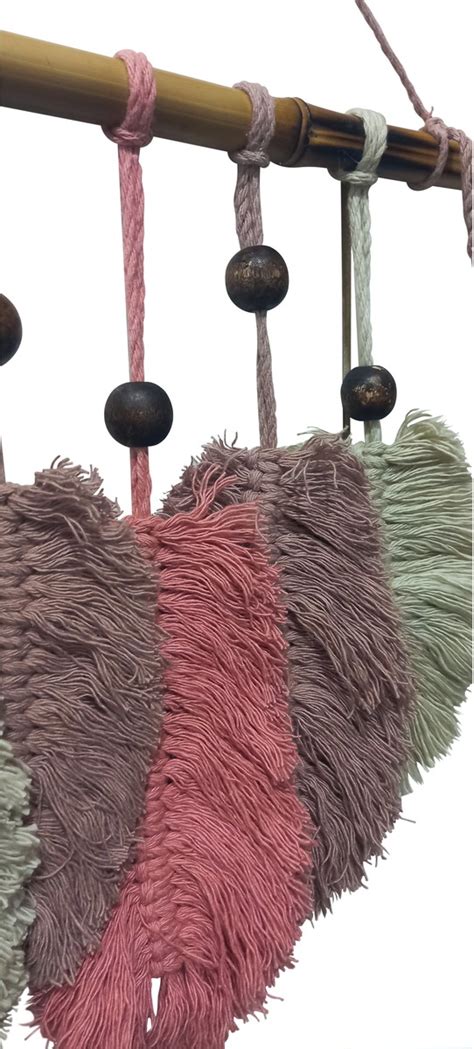 Painel 6 Penas Macramê Decoração Boho Barbante Algodão Nude