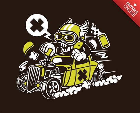 Hot rod cráneo personaje de dibujos animados plantilla de diseño de camiseta Modelo de diseño