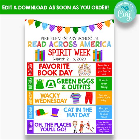 EDITABLE Read Across America Week Flyer | Printable Reading Spirit Week Schedule | PTO School