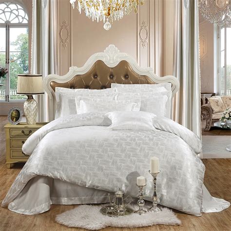 White Jacquard Silk Bedding Set King Queen 4pcs Adult Bed Cover Satin Duvet Cover Set Solid