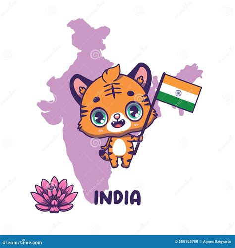 National Animal Tiger Holding the Flag of India. National Flower Lotus ...