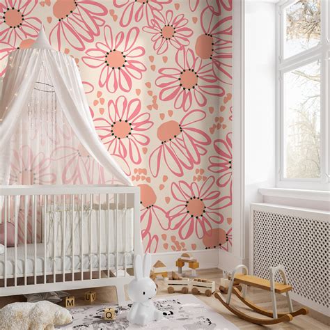 Large Pink Floral Wallpaper | Girls Nursery Wallpaper | Kids Wallpaper