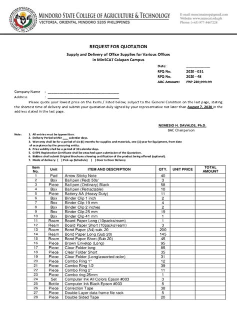 Fillable Online Request For Quotation RFQ Supply And Delivery Of