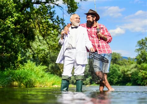 He Is Ready For The Fishing Retired Father And Mature Son With Beard Friends Men With Fishing
