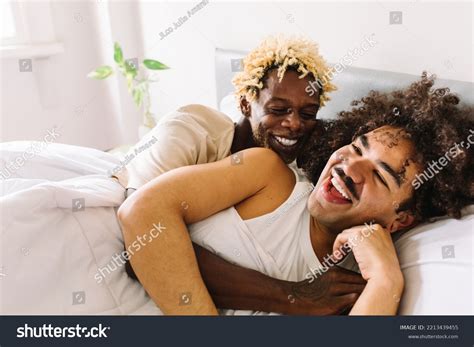 Smiling Gay Couple Lying Bed Together Stock Photo Shutterstock