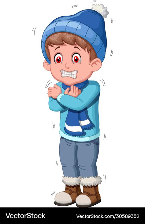 Cold Boy In Red Jacket With Scarf And Hat Cartoon Vector Image