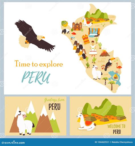 Set of Tourist Cards of Peru with Landmarks. Stock Vector