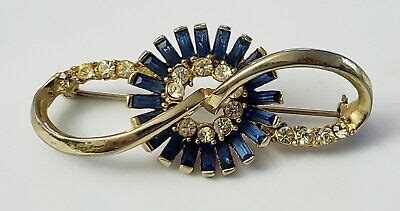 Vintage Corocraft Blue Clear Rhinestone Pat Pending Brooch Pin