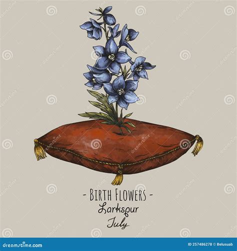 Larkspur July Birth Month Flower Line Art Drawing Cartoon Vector 281525269