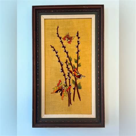 Accents Framed Embroidered Butterflies And Pussy Willow Fabric Vintage S Poshmark