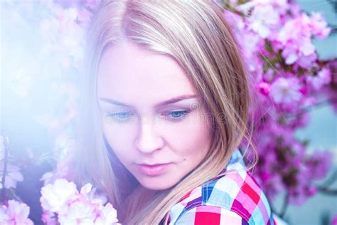 Color Image Of Beauty Blonde In Blooming Pink Flowers Stock Photo Image Of Gorgeous Blond