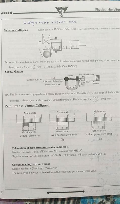 Physics Handbos Vernier Callipers Least Count Msd Vsd Msd Main Scal