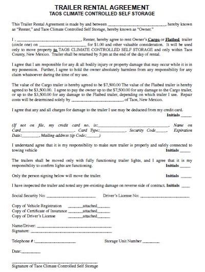 35 Printable Trailer Rental Agreement Templates Pdf Template Republic