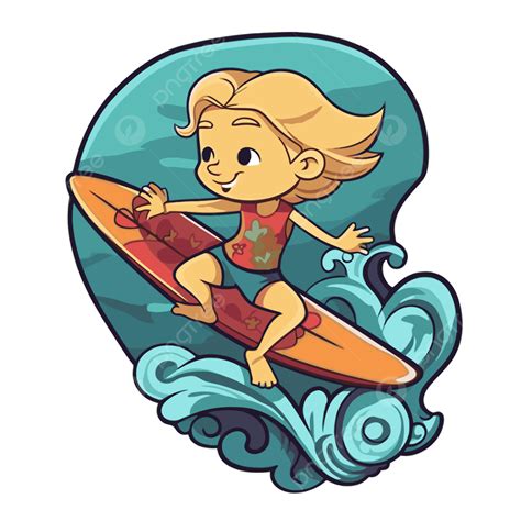 Cartoon Girl Surfer Riding The Wave Vector Clipart Surfing Surfing