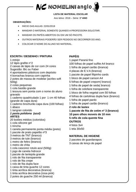 Pdf Lista De Material Escolar Ano Observa Es Folha De Papel