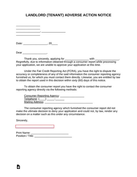 Free Landlord Tenant Adverse Action Notice PDF Word EForms