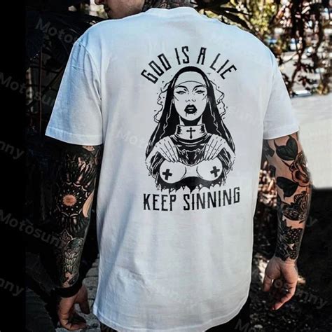 Motosunny God Is A Lie Keep Sinning Nun Graphic White Print T Shirt