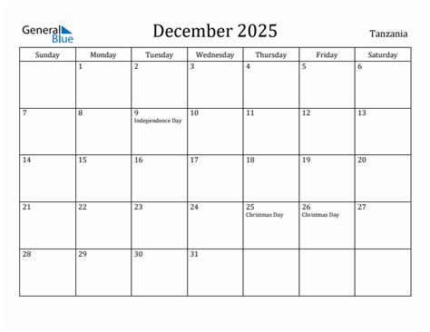 December 2025 Monthly Calendar with Tanzania Holidays