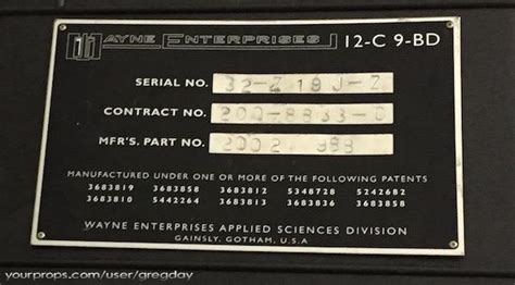 Batman Begins Wayne Enterprises Applied Sciences Division Data Plate