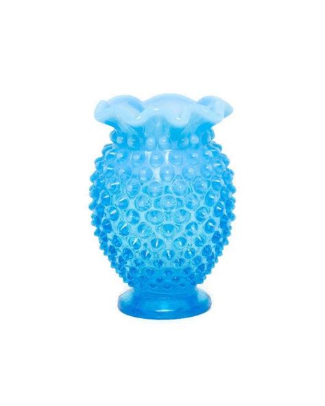 Vintage FENTON Blue Hobnail Glass Vase Bud Vase Ruffled Edge Opalescent