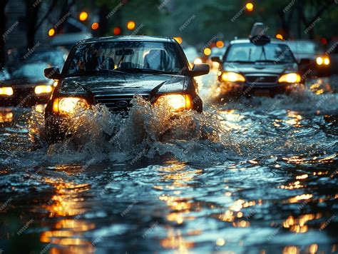 Premium Photo | Car drives along flooded road during rain thunderstorm