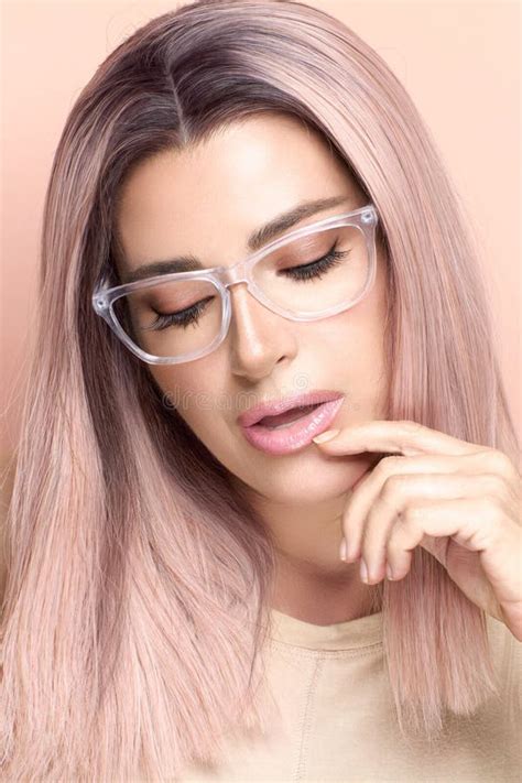 Beautiful Woman Wearing Trendy Nude Glasses Or Eyewear Looking Down Pensive Beauty Portrait In