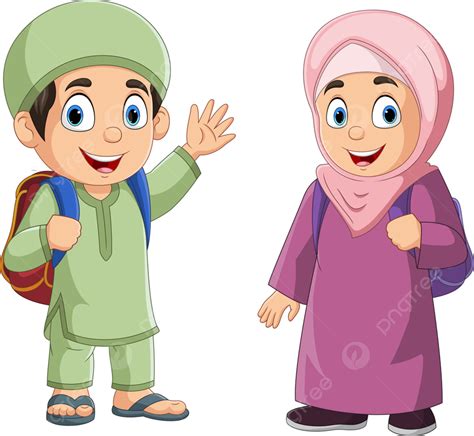 Kartun Anak Laki Laki Dan Perempuan Muslim Yang Bahagia, Ramadan, Muda ...