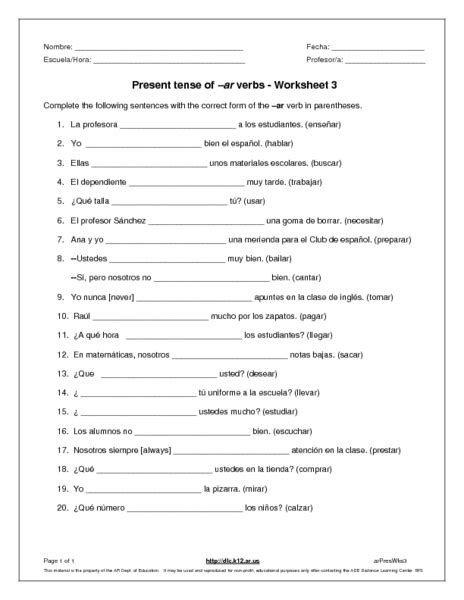 Worksheet 3 Present Tense Of Ar Verbs Worksheet For 8th 9th Grade Lesson Planet