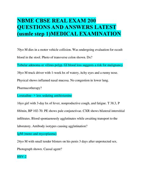 NBME CBSE REAL EXAM 200 QUESTIONS AND ANSWERS LATEST (usmle step 1