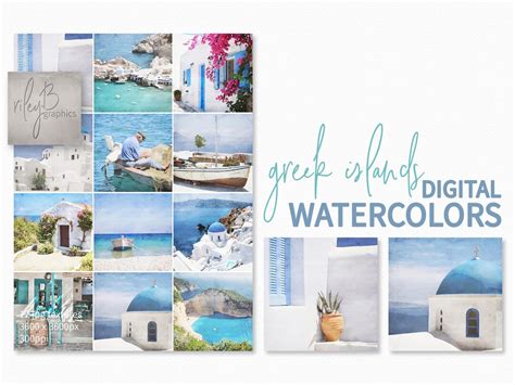 Greek Island Watercolors Digital Beach Scenes Beach Background