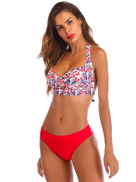 Bikini Taille Haute Imprimé Fleurie Femme avec Bretelles à Col Décolleté en V Bicolores Push Up