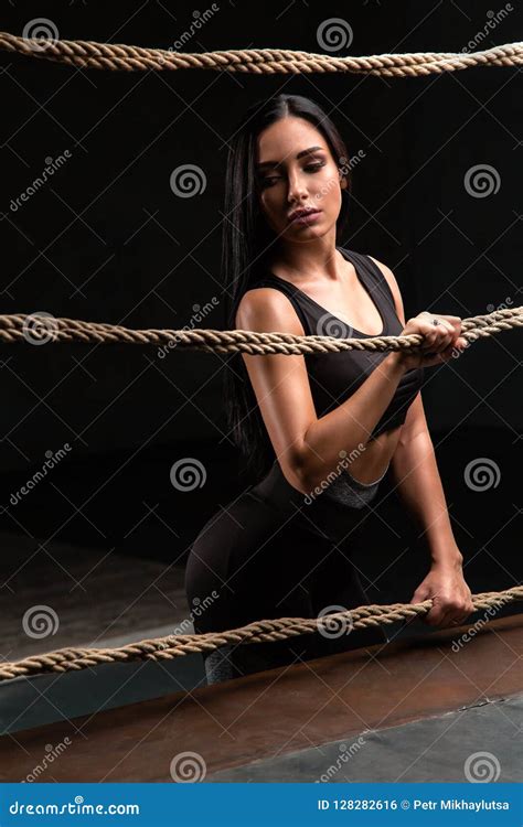 Fitness Brunette Woman Is Standing Near The Box Ring And Resting Picture Image 128282616