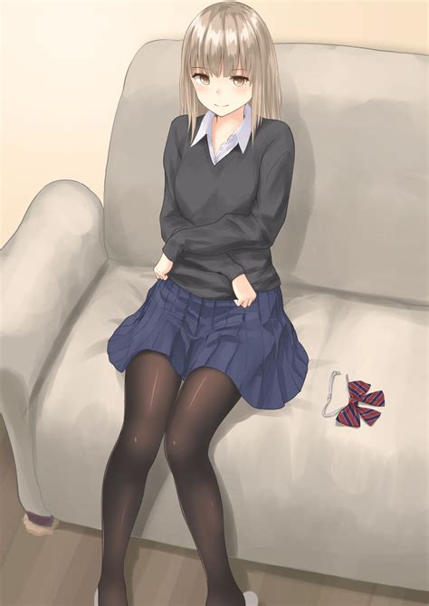 Safebooru Girl Black Legwear Blonde Hair Blush Bow Couch Highres Long Sleeves Looking At