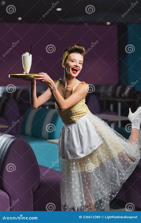 Happy Pin Up Waitress With Tattoo Stock Image Image Of Profession