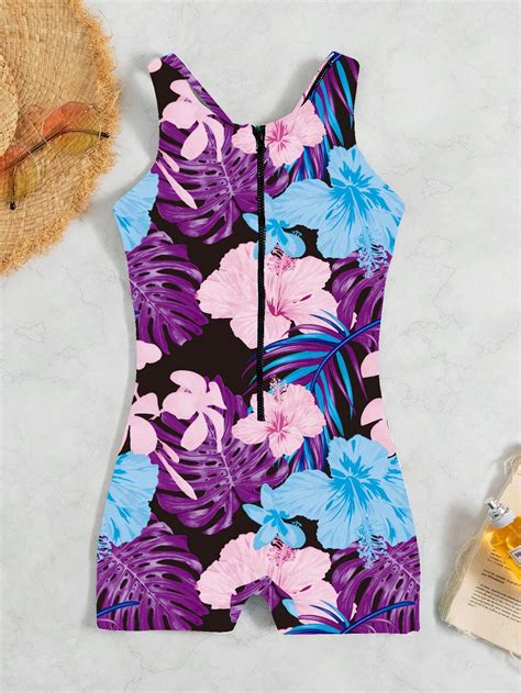 Tropical Print Zipper Front Halter One Piece Swimsuit Shein Usa