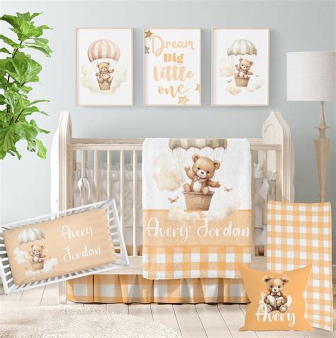 Teddy Bear Nursery Crib Bedding Set Yellow Hot Air Balloon Baby Bedding Set Personalized Crib