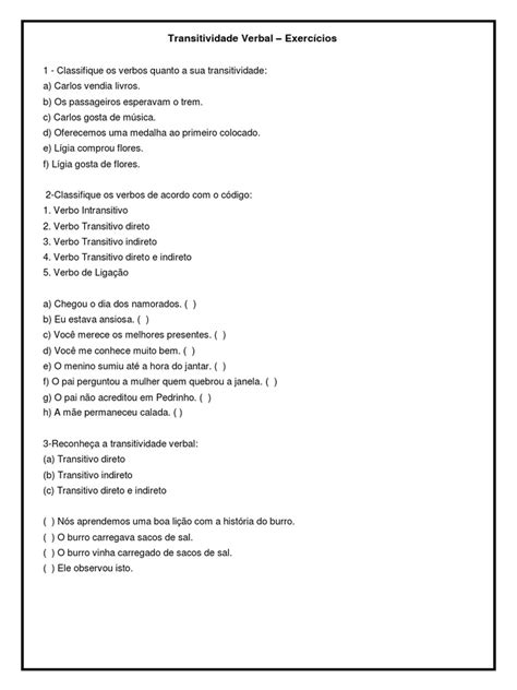 Exercícios de Transitividade Verbal 7º Ano | PDF