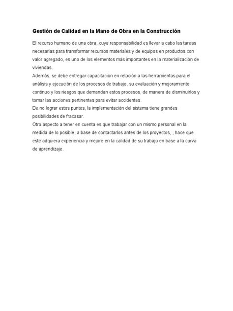 Gestión De Calidad En La Mano De Obra En La Construcción Pdf