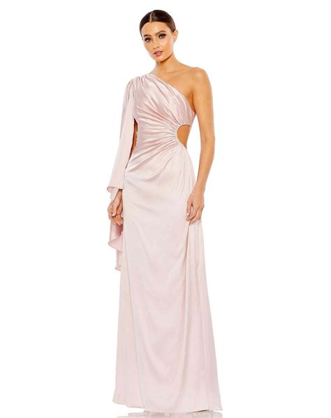 Custom One Shoulder Bell Sleeve Draped Long Satin Evening Dresses