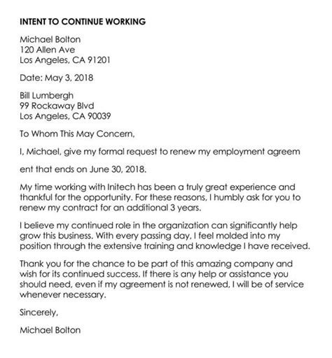 letter  intent  continue working  samples