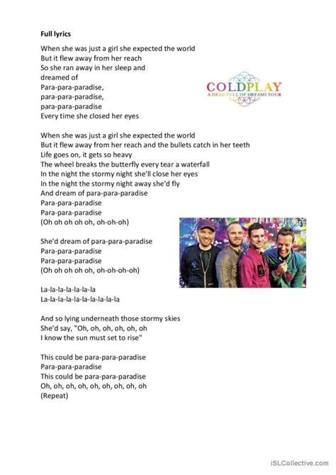 Coldplay - Paradise - Song Gap Fill…: English ESL worksheets pdf & doc