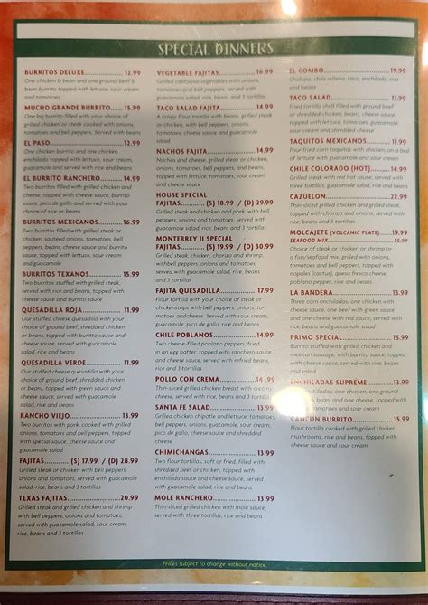 Menu at Monterrey's Mexican Restaurant, Newark