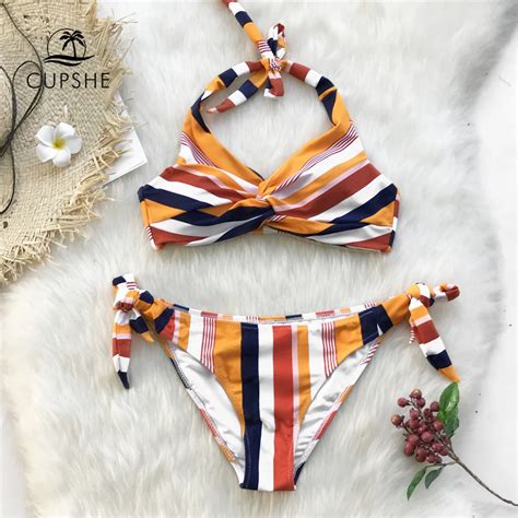 Aliexpress Buy Cupshe Navy And Orange Striped Twist Halter Bikini